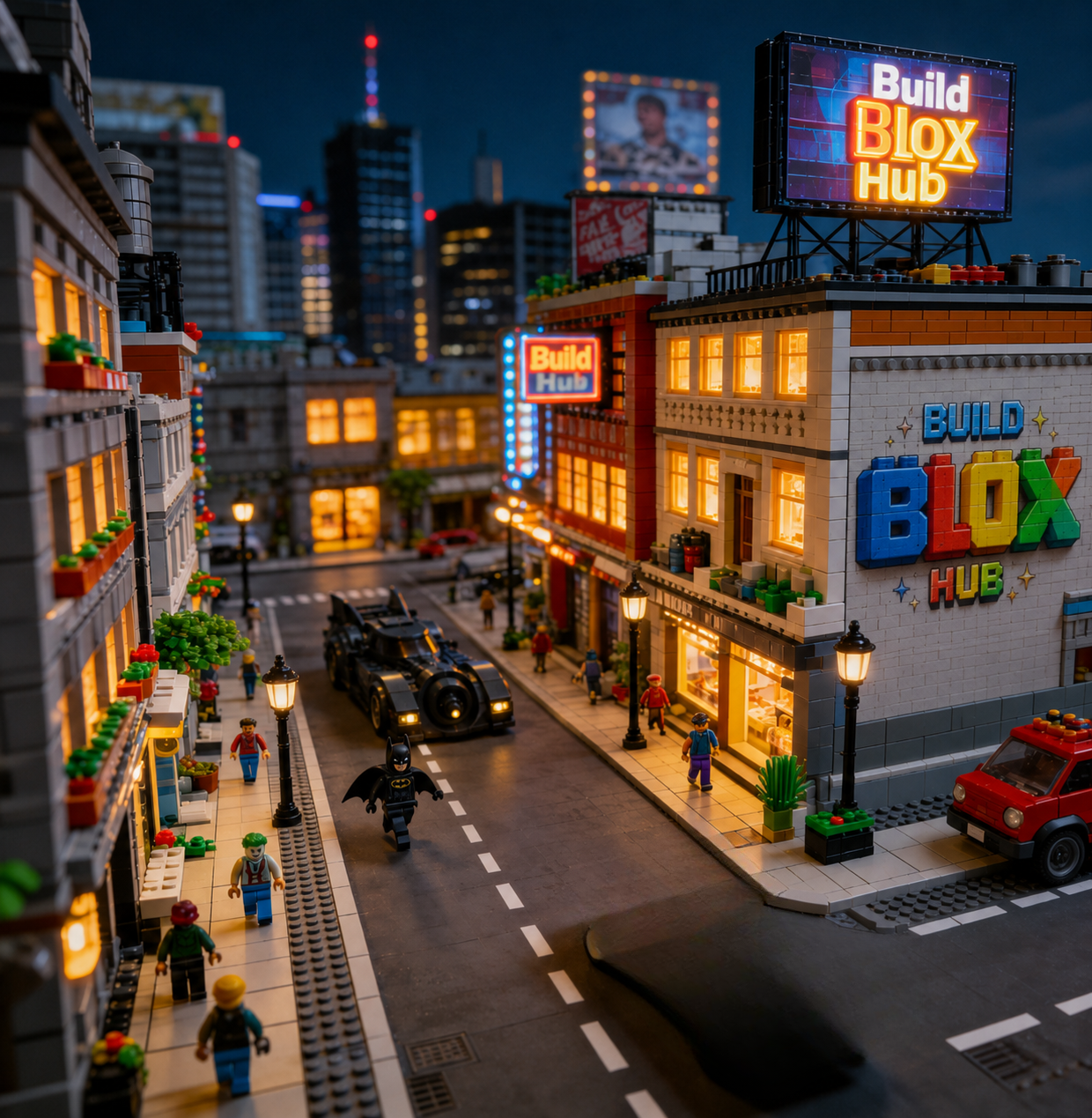 Miniature model of a city street with illuminated buildings and streetlights, featuring a 'Build Blox Hub' sign.